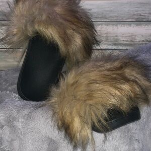 Women's Black and Brown Fur Slide Sandals